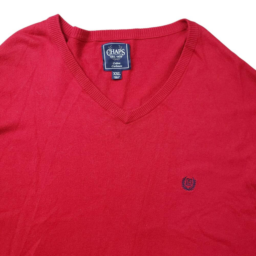 Chaps Sweater Mens XXL Red Cotton Cashmere Knit V-Neck - Picture 3 of 10